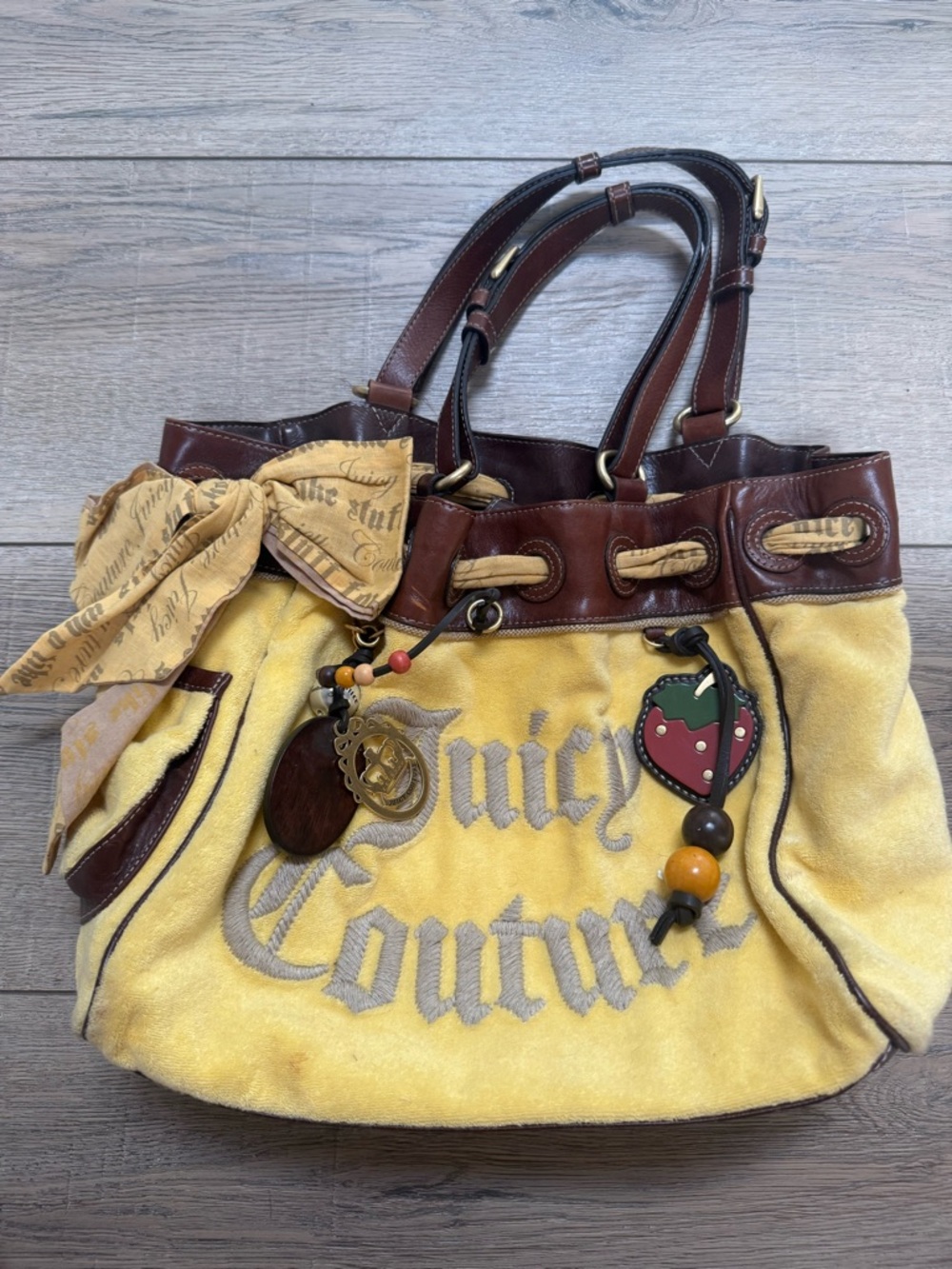 Y2K: Juicy Couture Yellow Tote with Brown Leather Trim and Charm Accents